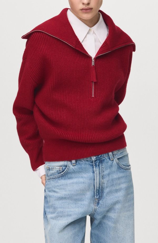 マンゴ レディース アウター パーカー・スウェット ハーフジップ セーター MANGO Rizin Rib Half Zip Sweater Maroon マルーン 14,415円