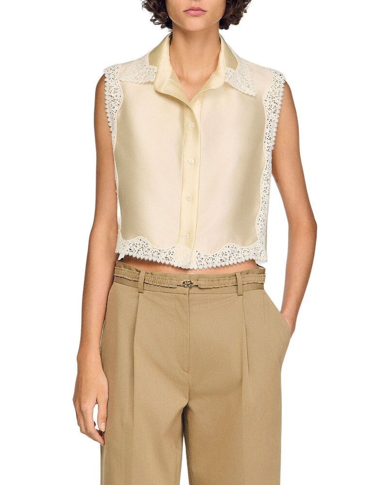 サンドロ レディース トップス シャツ クロップド レース Sandro Marielle Cropped Shirt with Lace Details Ecru エクリュ