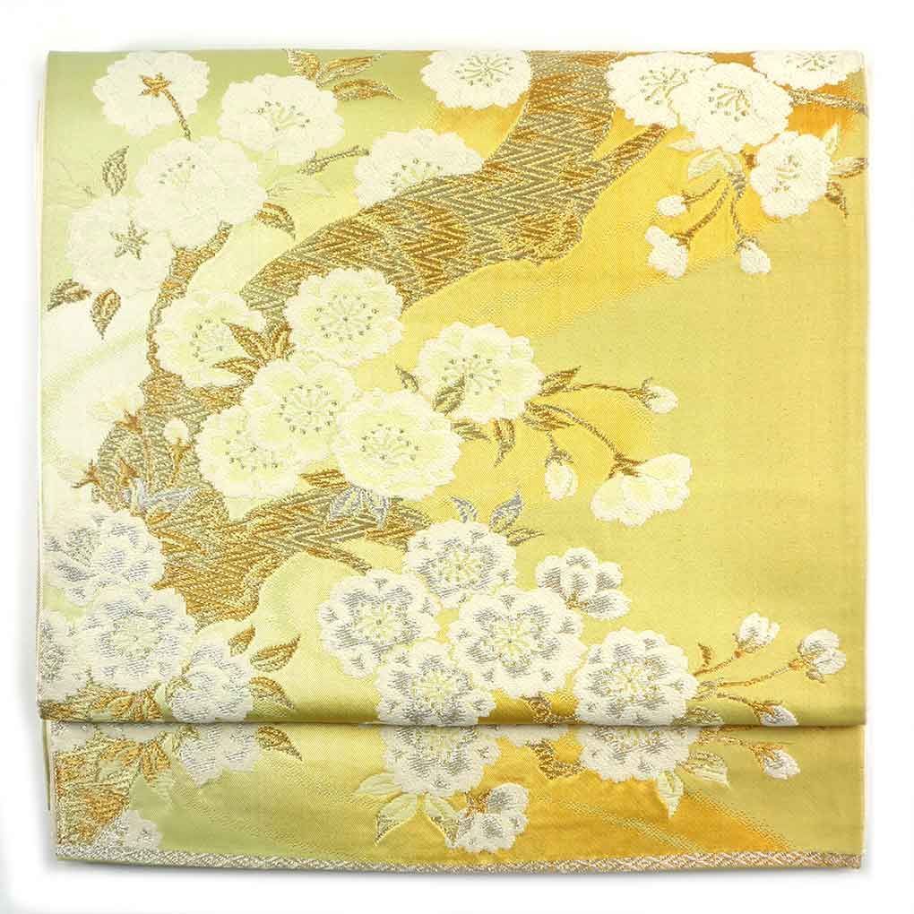 袋帯 幅30.5cm 長さ409cm レディース 桜 秋冬春用 正絹（シルク）グリーン 美品 リメイク リユース リサイクル【呉服のきくや】