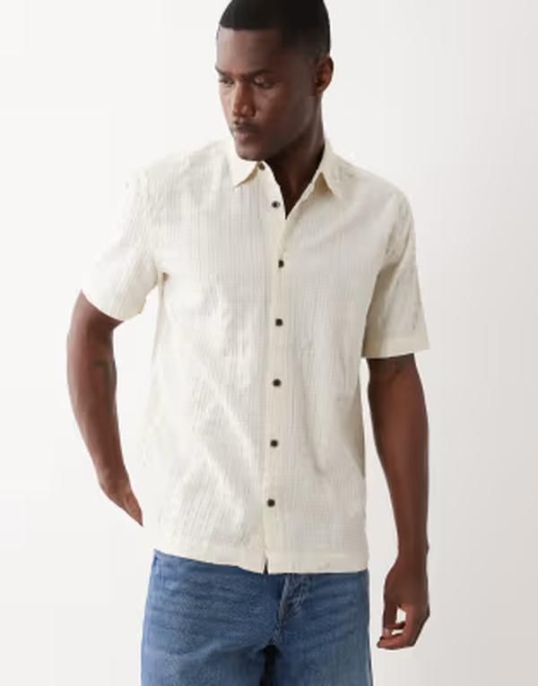 オンリーアンドサンズ メンズ トップス シャツ ONLY SONShort sleeve textured shirt in cream Egret クリーム