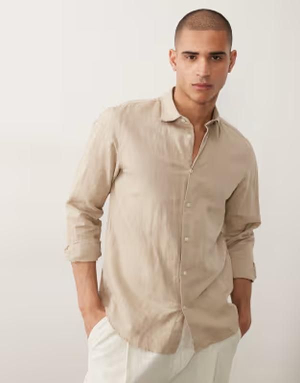 セレクティッド メンズ トップス シャツ リネン Selected linen blend long sleeve shirt Pure Cashmere ベージュ