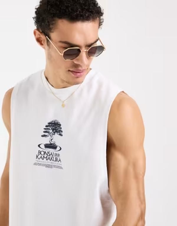 エイソス メンズ トップス ベスト プリント ASOS DESIGN heavyweight relaxed tank with bonsai tree print WHITE ホワイト 10,860円