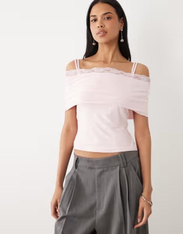 エイソス レディース トップス シャツ レーストリム レース ASOS DESIGN slinky lace trim bandeau top with straps pink ピンク