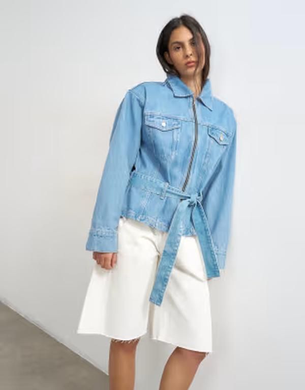 トップショップ レディース アウター ジャケット・ブルゾン デニム Topshop denim cinched shoulder pad jacket in bleach デニム