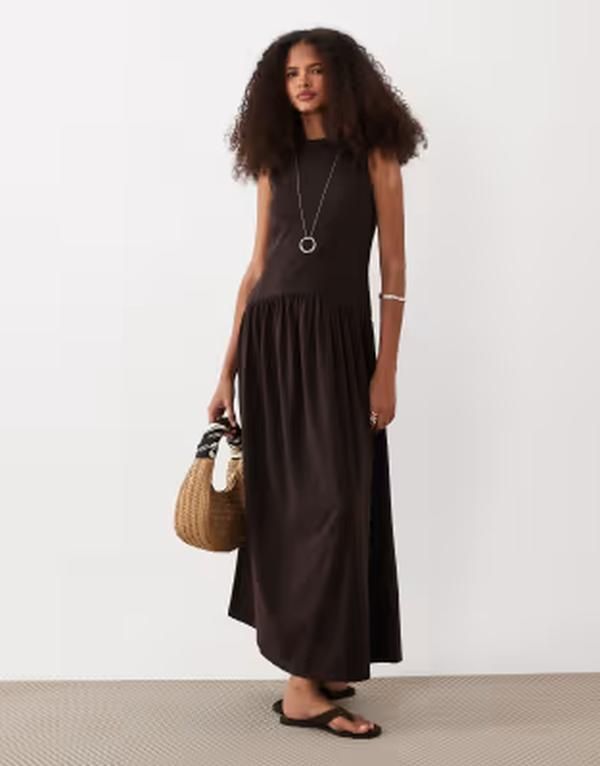エイソス レディース トップス ワンピース リブ ミディ ASOS DESIGN ribbed mix midi dress with drop waist in chocolate チョコレート