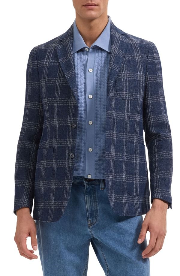 ブガッチ メンズ アウター ジャケット・ブルゾン コットン ブレザー リネン Bugatchi Windowpane Check Cotton Linen Blend Blazer Navy ネイビー