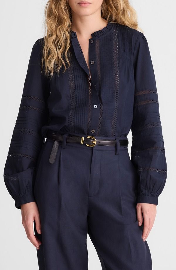 メイドウェル レディース トップス シャツ ハイネック コットン レース Madewell High Neck Lace Detail Pintuck Cotton Top Classic Navy