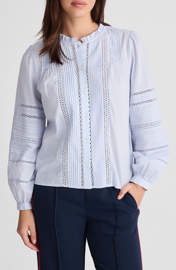 メイドウェル レディース トップス シャツ ハイネック コットン レース Madewell High Neck Lace Detail Pintuck Cotton Top Soft Blue ブルー