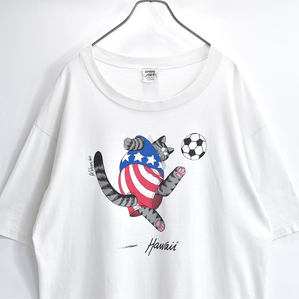 90s USA製 crazy shirts クレイジーシャツ クリバンキャット サッカー ハワイ プリント Tシャツ シングルステッチ ホワイト USED ヴィンテージ ビンテージ 古着 メンズ XL相当