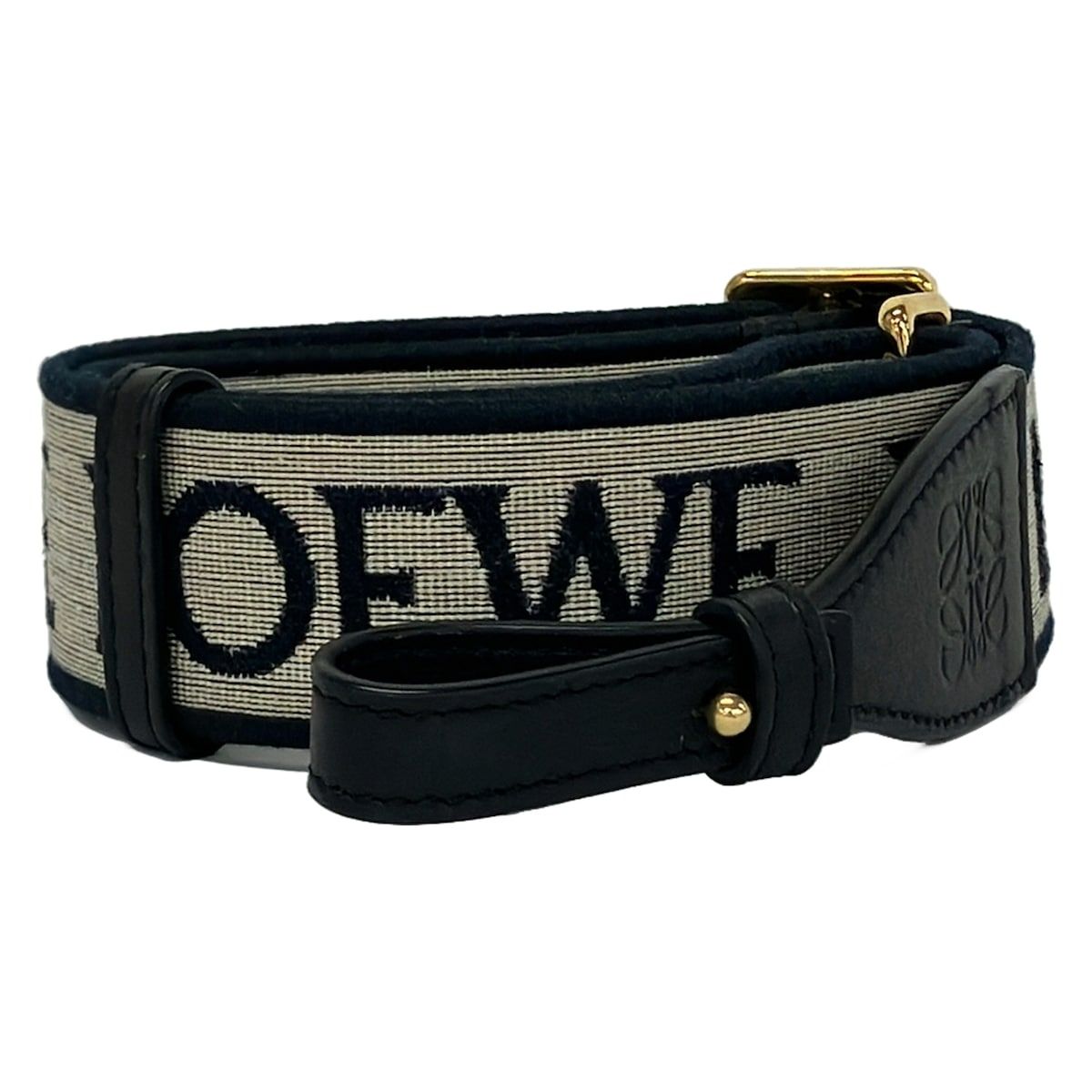 LOEWE(ロエベ) ショルダーストラップ美品 アナグラム ループ ストラップ 黒×ベージュ ロゴ レザー 43,030円