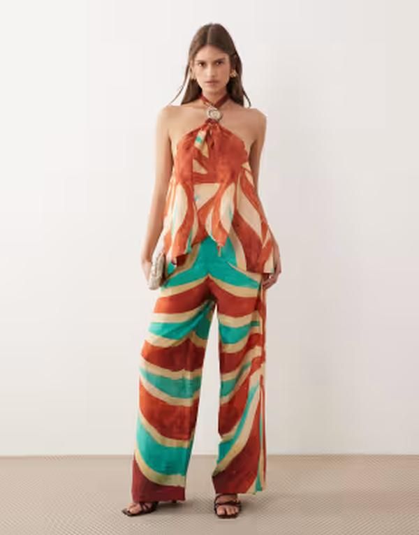 リバーアイランド レディース ボトムス カジュアルパンツ プリント River Island swirl print beach pants BROWN DARK ブラウン