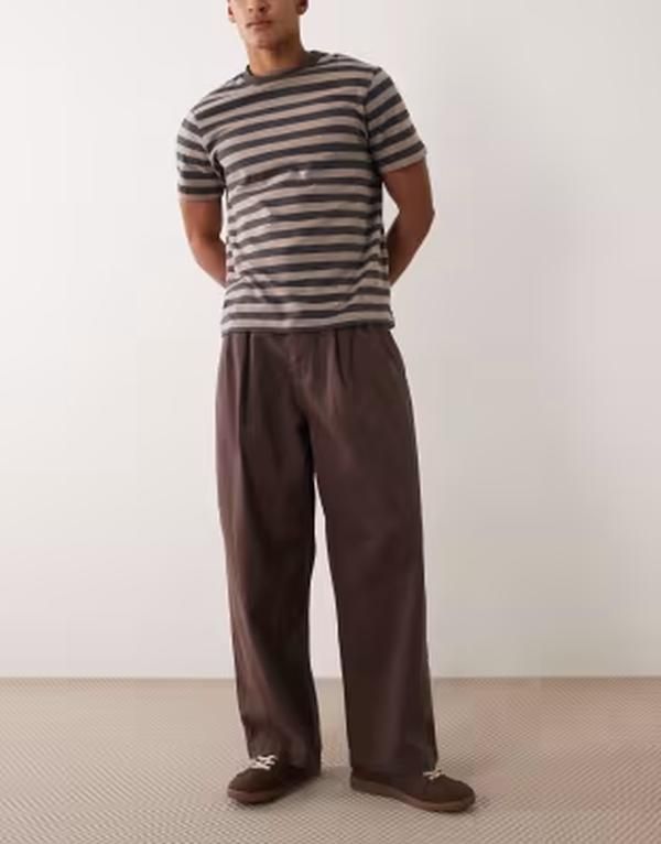 エイソス メンズ ボトムス カジュアルパンツ ASOS DESIGN barrel pants with pleats BROWN ブラウン