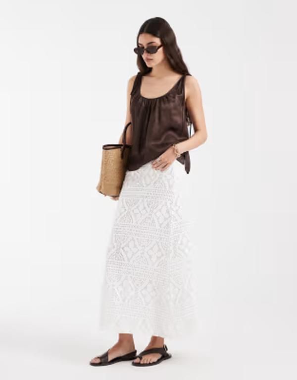 ピーシーズ レディース ボトムスカート マキシ PIECES crochet maxi skirt Cloudancer ホワイト