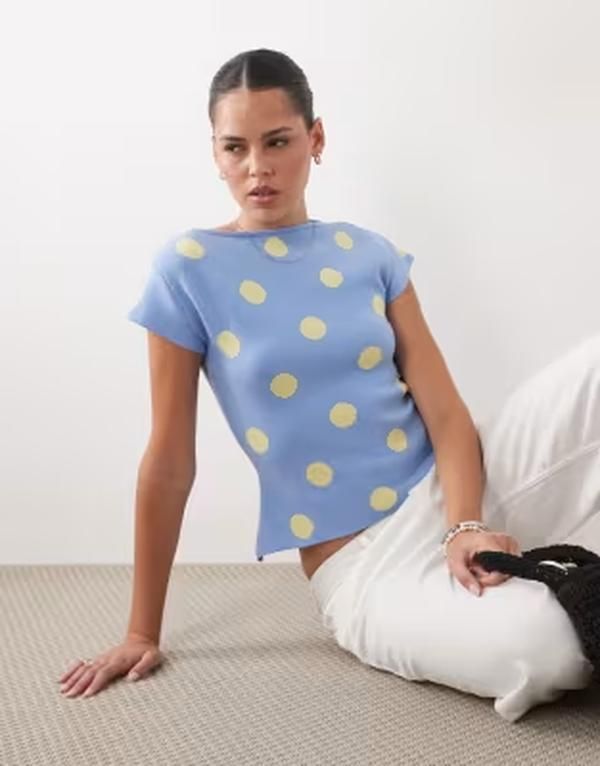 エイソス レディース アウター ニット・セーター ドット柄 ドット プリント ASOS DESIGN fine knit slash neck topolka dot print Multi マルチカ