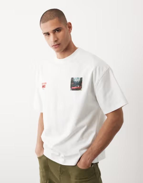 リバーアイランド メンズ トップス Tシャツ プリント River Island Japanese carmountain printed Tshirt WHITE ホワイト