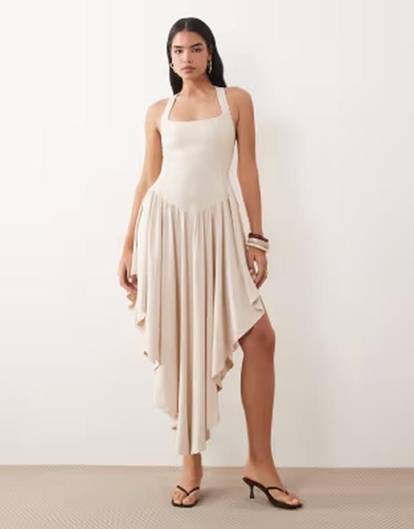 エイソス レディース トップス ワンピースカート リネン マキシ ホルター ASOS DESIGN washed linen blend wide halter neck maxi dress wit