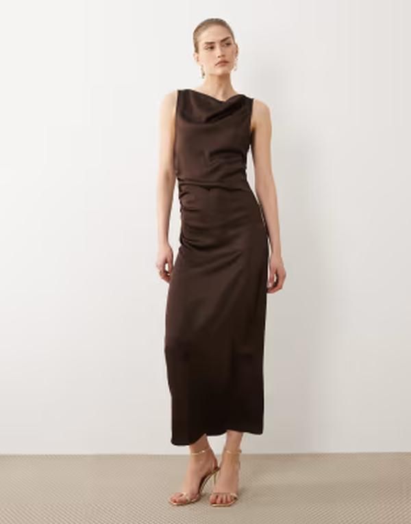 ヴィラ レディース トップス ワンピース ミディ サテン VILA cowl neck satin midi dress in chocolate Shaved Chocolate チョコレート