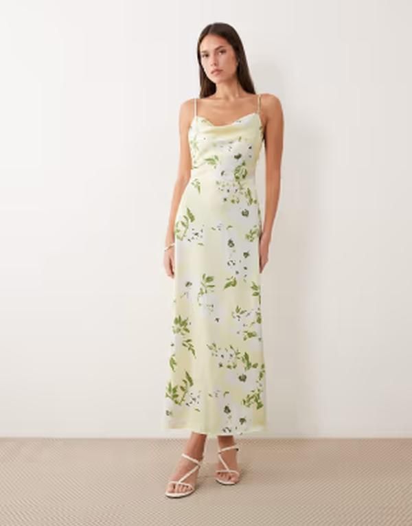 ヴィラ レディース トップス ワンピース フラワー柄 プリント サテン マキシ フラワー VILA satin cowl neck maxi dress in pastel yellow floral
