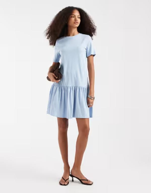 ピーシーズ レディース トップス ワンピース ミニ PIECES drop waist short sleeve mini dress in pale blue ブルー