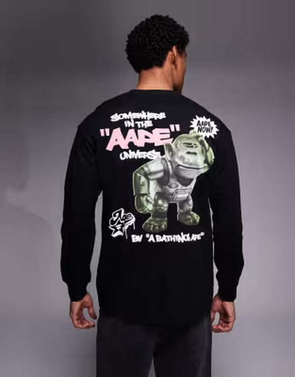 ベイシング エイプ メンズ トップス Tシャツ プリント Aape by A Bathing Ape long sleeve tshirt in off black with back and che