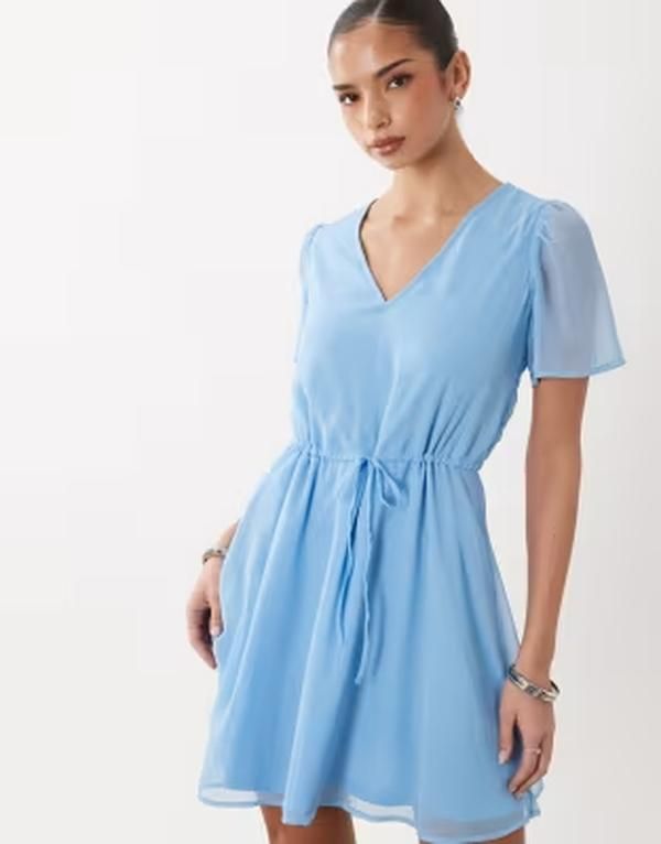 ヴィラ レディース トップス ワンピース ミニ VILA waist detail short sleeve mini dress in solid ALL ABOARD ブルー