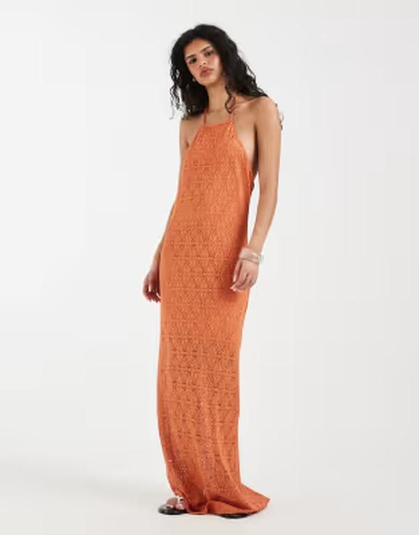 ヴェロモーダ レディース トップス ワンピース レース マキシ ホルター Vero Moda stretch lace halter neck maxi dress in orange Langost
