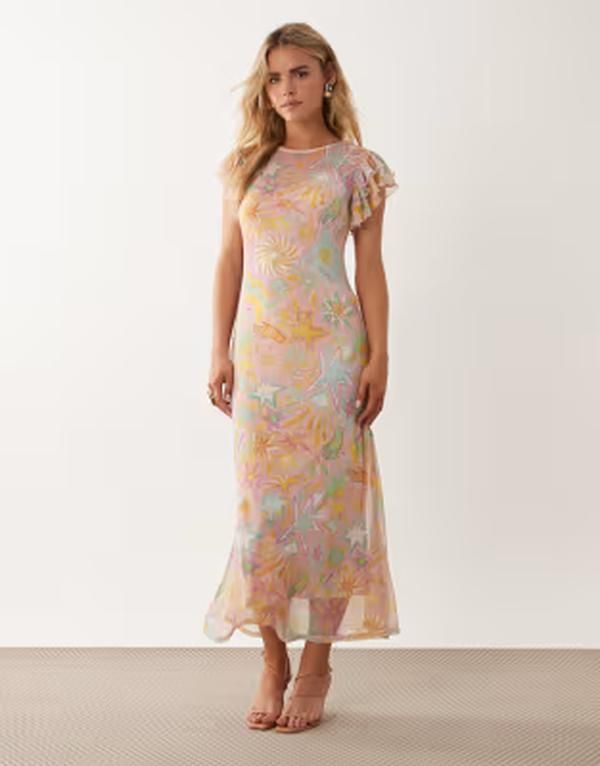 ネバーフリードレスド レディース トップス ワンピース プチ プリント メッシュ マキシ Never Fully Dressed Petite Frida mesh frill sleeve maxi