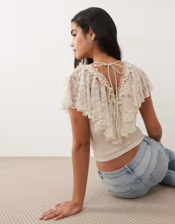 エイソス レディース トップス シャツ レース ASOS DESIGN shirred lace flutter detail top in cream クリーム 13,855円