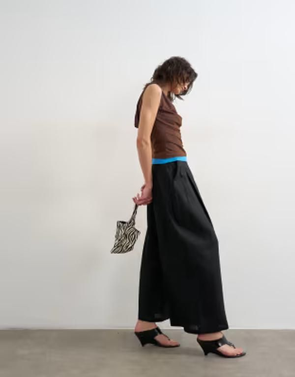 トップショップ レディース ボトムス カジュアルパンツ ワイドレッグ A ライン リネン Topshop linen blend A line wide leg pants Black ブラック 17,136円