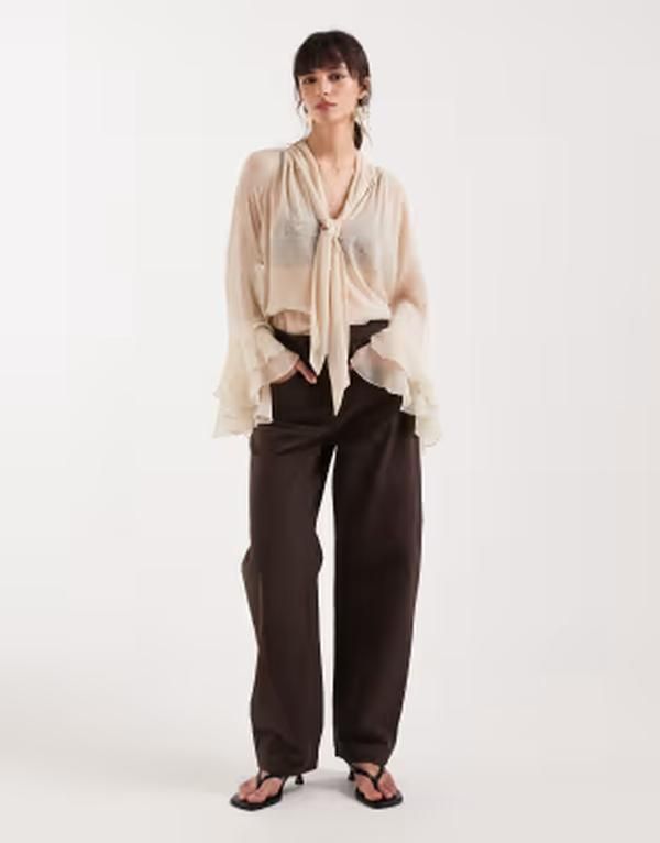 マンゴ レディース ボトムス デニムパンツ コットン ジーンズ Mango Bet 100 cotton barreleg jeans BROWN ブラウン
