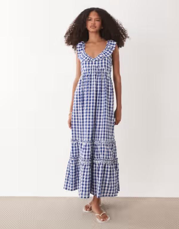 アクセサライズ レディース トップス ワンピース ギンガムチェック プリント ミディ ギンガム Accessorize gingham print midi beach dress BLUE ブルー