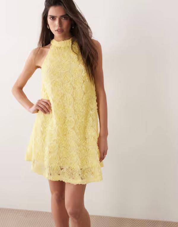 ヴィラ レディース トップス ワンピース フラワー柄 ミニ フラワー ホルター VILA floral jacquard halter neck mini dress in pastel yellow
