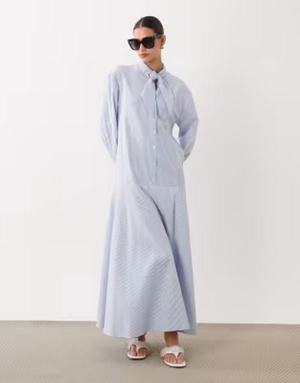 エイソス レディース トップス ワンピース シャツ マキシ ASOS DESIGN maxi shirt dress with scarf neck detail pinstripe Blue pin 22,260円
