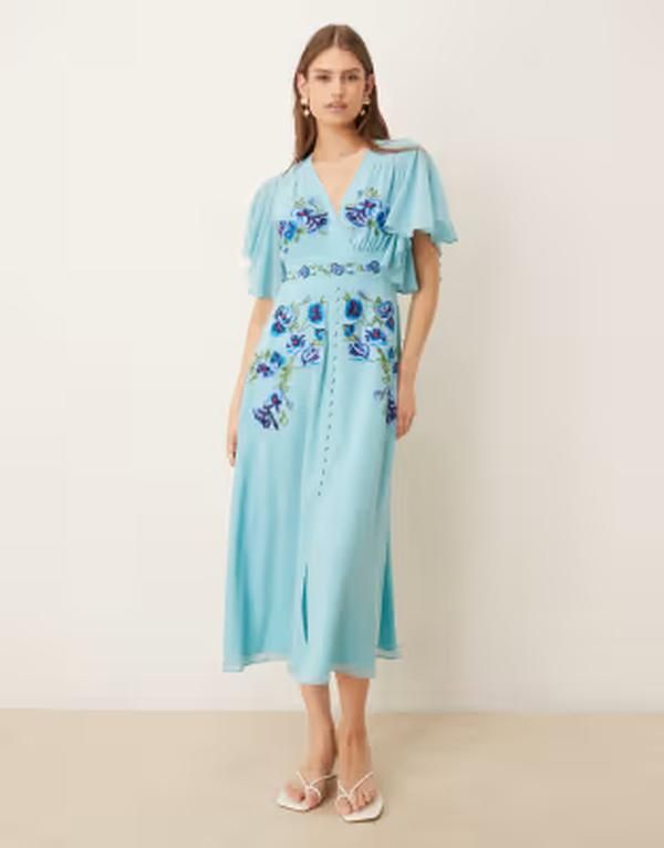 ホープ＆アイビー レディース トップス ワンピース ミディ 刺繍 Hope Ivy embroidered wrap front flutter sleeve midi dress BLUE ブルー