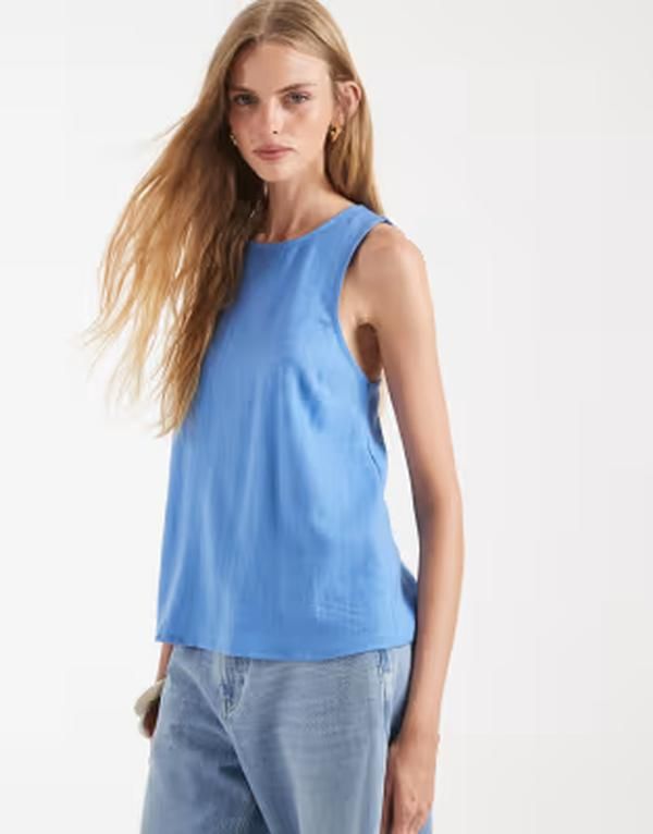 エイソス レディース トップス シャツ リネン ASOS DESIGN linen mix cross back scoop neck cami Blue ブルー