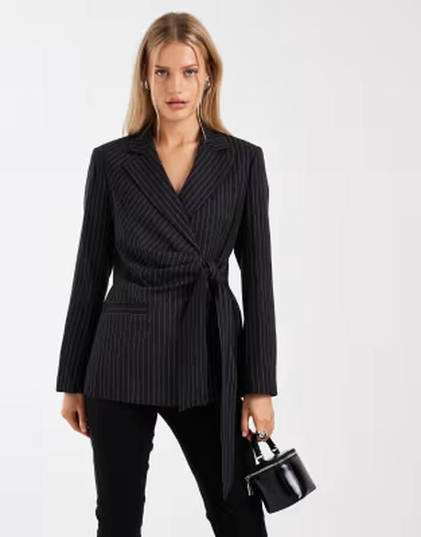 リバーアイランド レディース アウター ジャケット・ブルゾン ブレザー River Island striped tie waist blazer Black ブラック