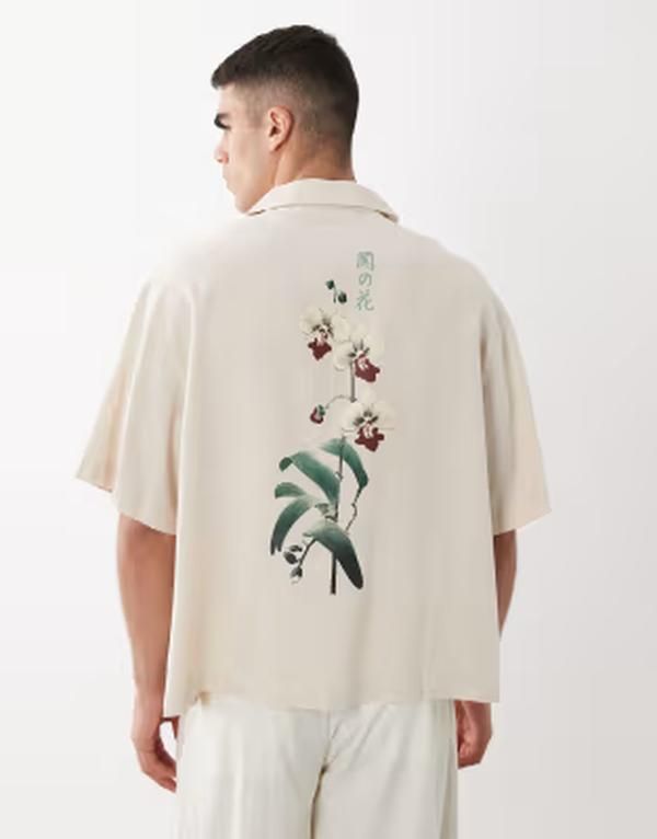 エイソス メンズ トップス シャツ フラワー柄 プリント レース リネン フラワー ASOS DESIGN boxy oversized camp collar linen blend shirt w