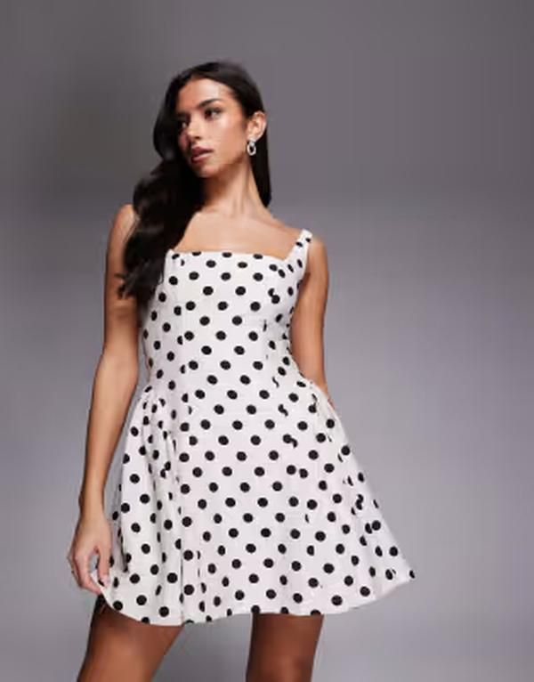 レア レディース トップス ワンピース ドット柄 ドット ミニ レース Rare London square neck lace up back detail side pleat mini dres
