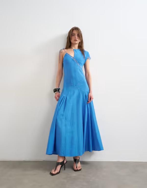 トップショップ レディース トップス ワンピース レース Topshop one sleeve crinkled midaxi dress with lace inserts in cornflowe