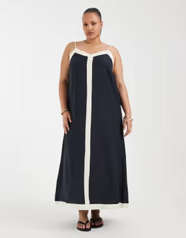 ヴェロモーダ レディース トップス ワンピース コントラスト マキシ Vero Moda Curve contrastrim cami maxi dress in cream and Black bi