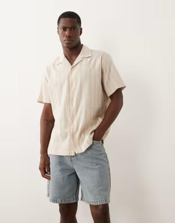ジャック アンド ジョーンズ メンズ トップス シャツ リネン Jack Jones linen mix short sleeve shirt with stripes Moonbeam ベージュ 14,414円