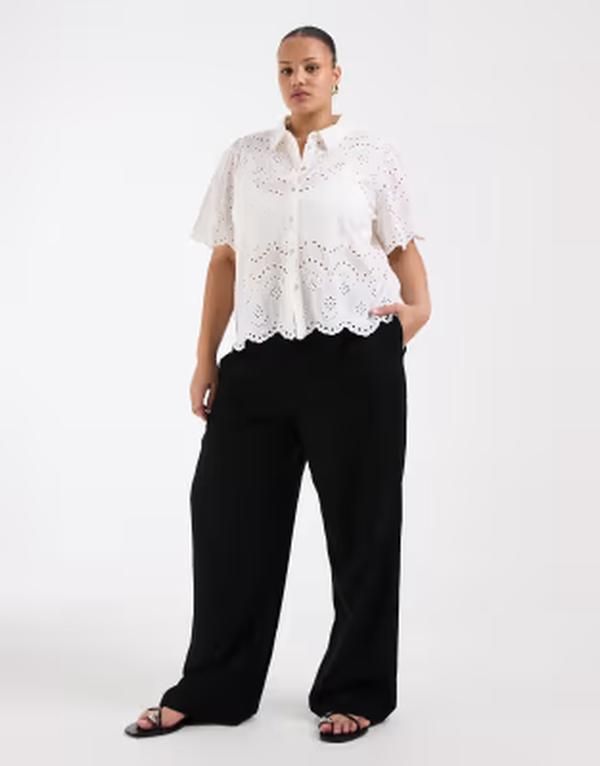 エイソス レディース ボトムス カジュアルパンツ ワイドレッグ リネン ASOS Curve ASOS DESIGN Curve linen blend wide leg pants Black ブラ