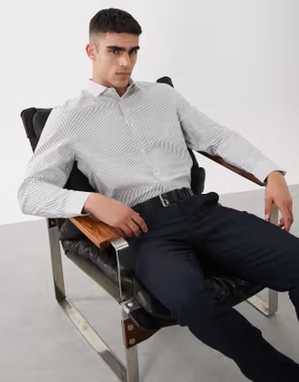 エイソス メンズ トップス シャツ レギュラーフィット ASOS DESIGN regular fit smart shirt stripe NAVY ネイビー