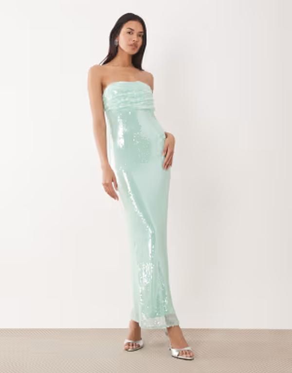レア レディース トップス ワンピース ギャザー スパンコール マキシ Rare London bandeau ruched bust sequin maxi dress in mint ミント
