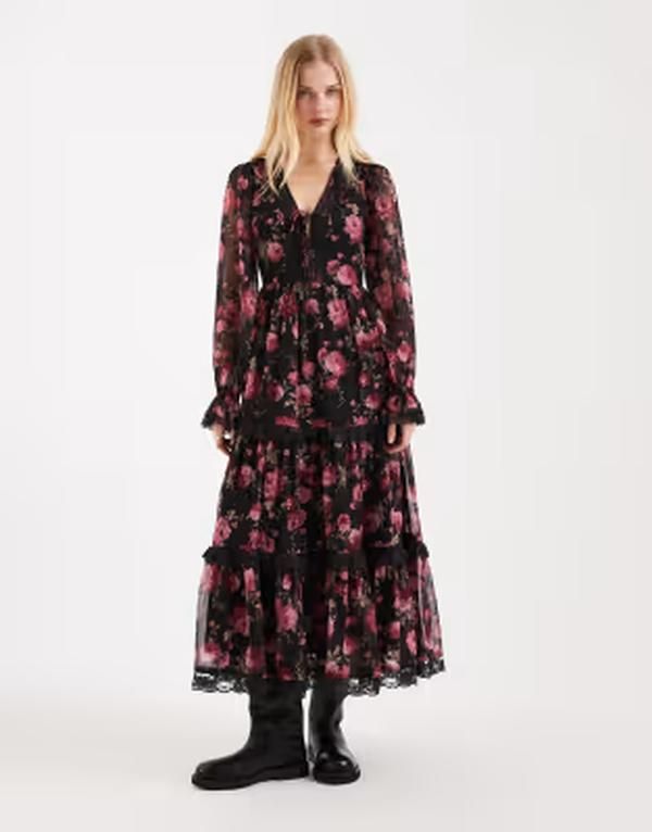ミスセルフフリッジ レディース トップス ワンピース プリント マキシ Misselfridge corset detail maxi dress in rose print Black floral