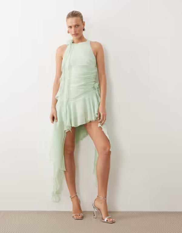 バードット レディース トップス ワンピース シフォン アシンメトリー フリル Bardot Ivana chiffon asymmetric ruffle dress in mint Pepperm