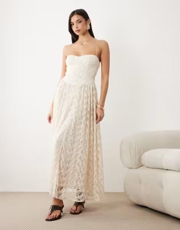 バードット レディース トップス ワンピース マキシ Bardot Estie broderie maxi dress in light Beige ベージュ