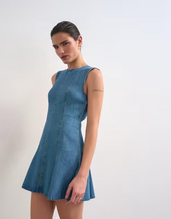 トップショップ レディース トップス ワンピース ミニ デニム Topshop denim seamed flippy mini dress in mid BLUE ブルー
