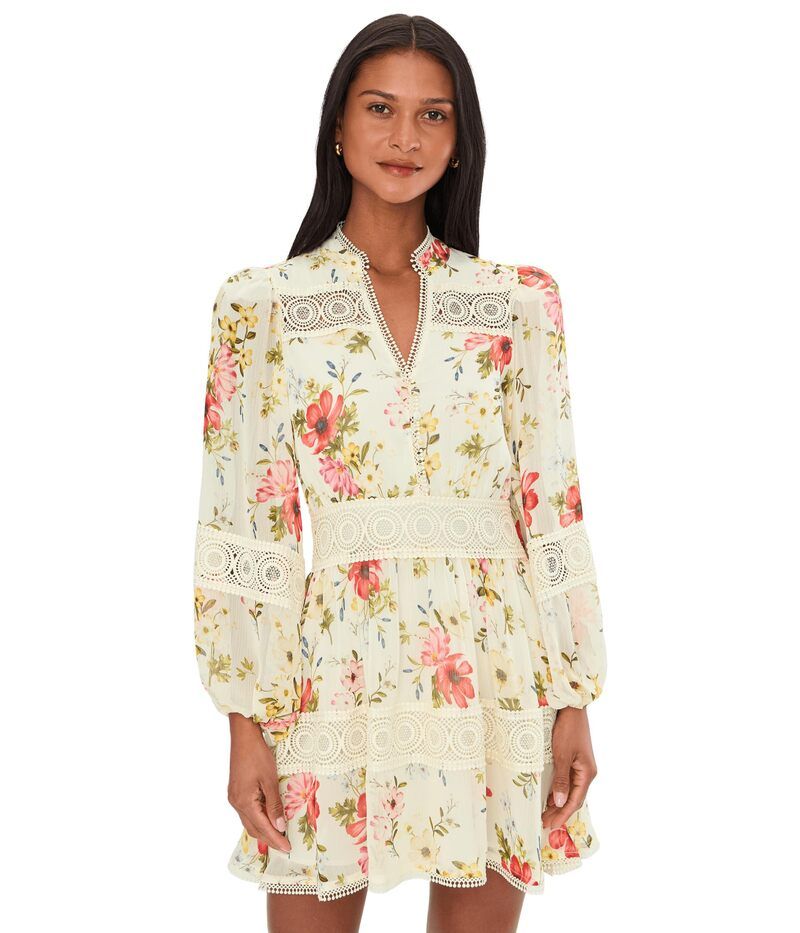 アヴェックレフィーユ レディース トップス ワンピース ミニ レース Avec Les Filles Long Sleeve Lace Detail Mini Dress Cream Flower P
