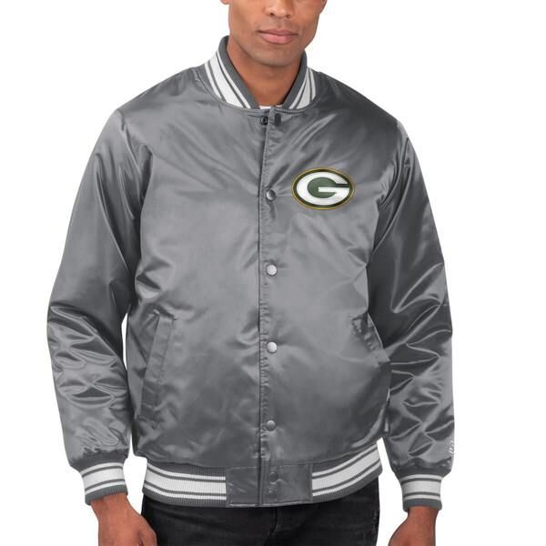 スターター メンズ アウター ジャケット・ブルゾン サテン Menstarter Silver Green Bay Packers Lockeroom Satin Varsity FullSnap J